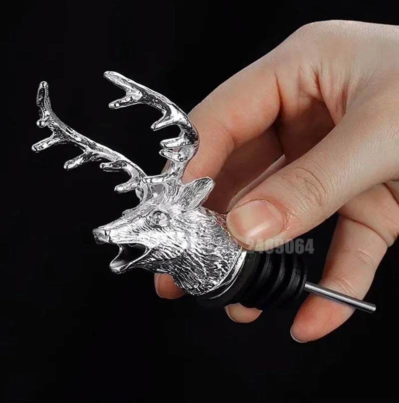 Silver zinc alloy animal head wine pourer featuring detailed deer, elk, lion, leopard, wolf, eagle, or dragon design for decorative bottle pouring.