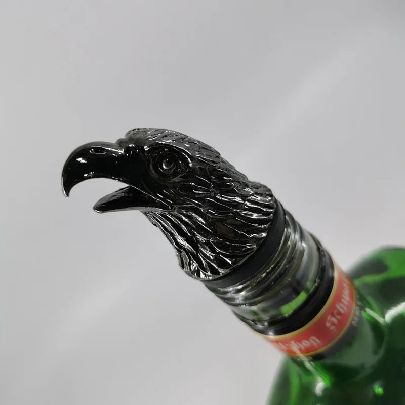 Silver zinc alloy animal head wine pourer featuring detailed designs of an elk, deer, lion, leopard, wolf, eagle, and dragon.