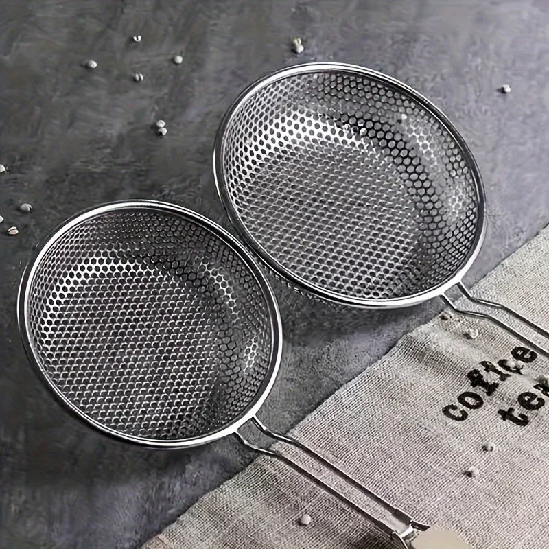 FanzyMarket stainless steel colander strainer with wooden handle, fine mesh for pasta, grease filtering, and food prep.
