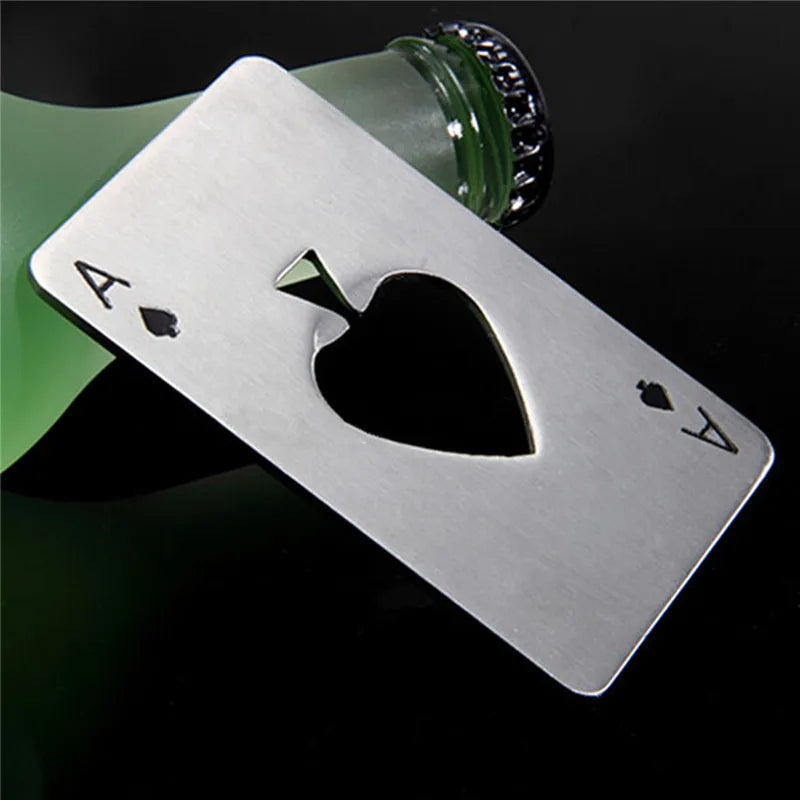 FanzyMarket stainless steel poker-shaped credit card bottle opener, wallet-sized black and silver beer and can opener.