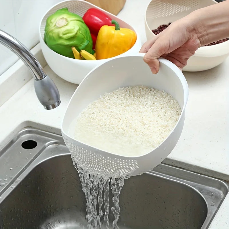 FanzyMarket 1-piece oval rice strainer colander for draining rice, fruits, and vegetables in kitchen and dining use.