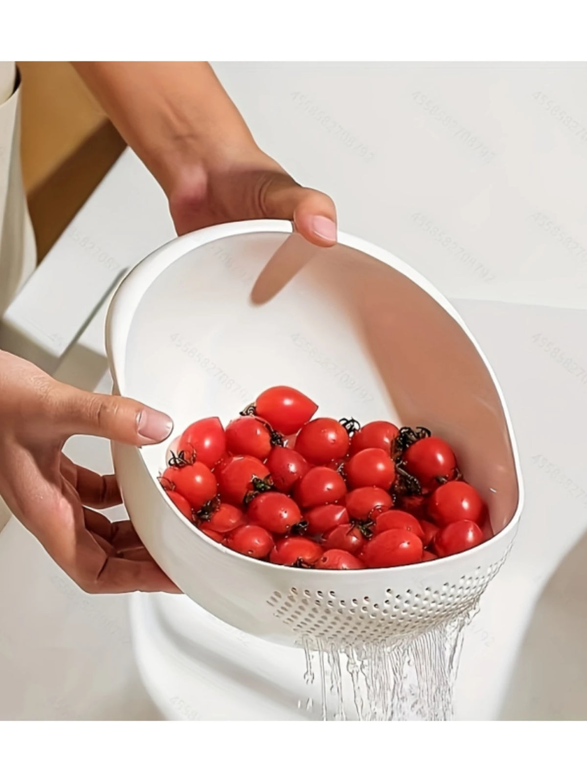 FanzyMarket 1-piece oval rice strainer colander for draining rice, fruits, and vegetables in the kitchen, white plastic design.