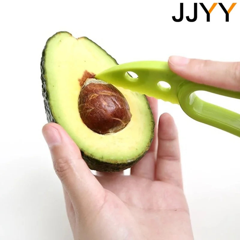 Yellow 3-in-1 FanzyMarket avocado slicer, corer, and peeler for fruits and vegetables, made of durable plastic.