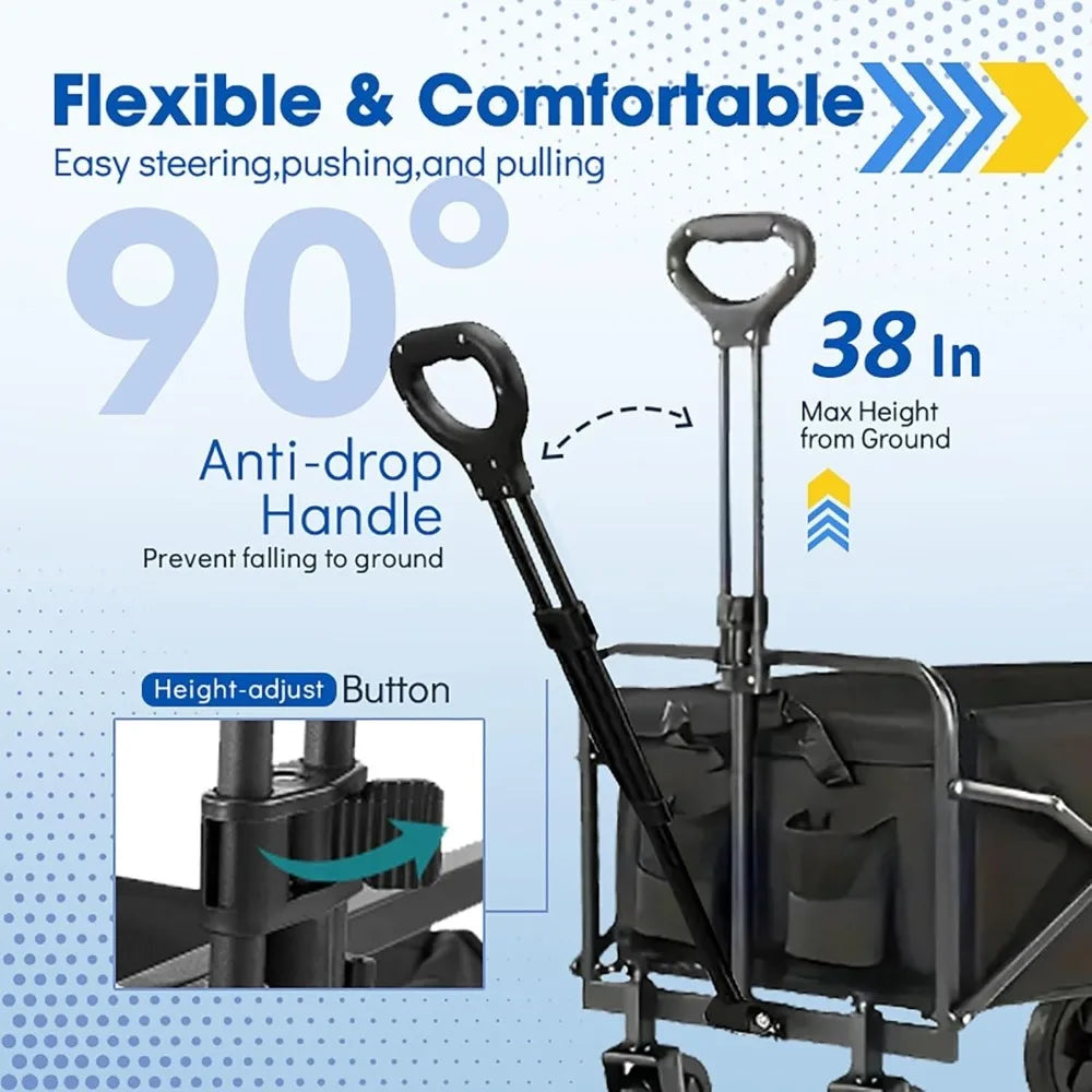 FanzyMarket collapsible wagon cart with all-terrain wheels, heavy-duty foldable utility cart for beach, shopping, and camping.