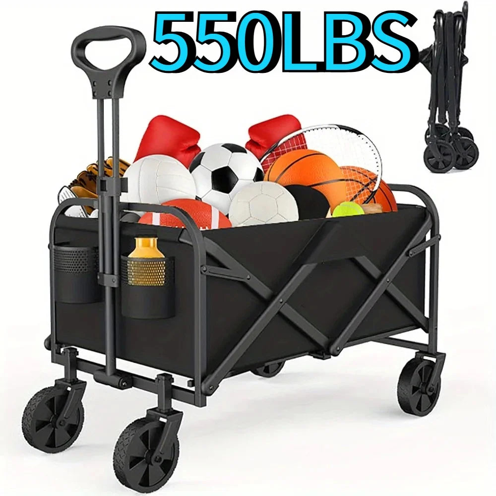 FanzyMarket collapsible wagon cart with all-terrain wheels, heavy-duty foldable design for beach, shopping, and camping utility.