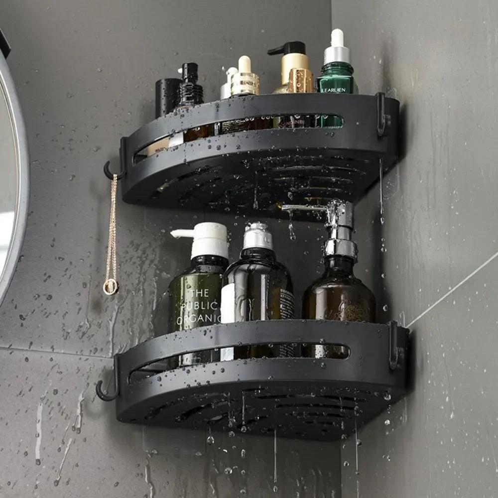 Set of three FanzyMarket adhesive bathroom shelves and shower caddies with no-drill corner towel holders for bathroom storage.