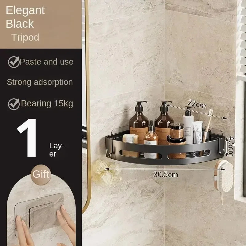 Three adhesive bathroom shelves by FanzyMarket, no-drill corner shower caddies for towel and bathroom storage, in a 1, 2, or 3-pack.