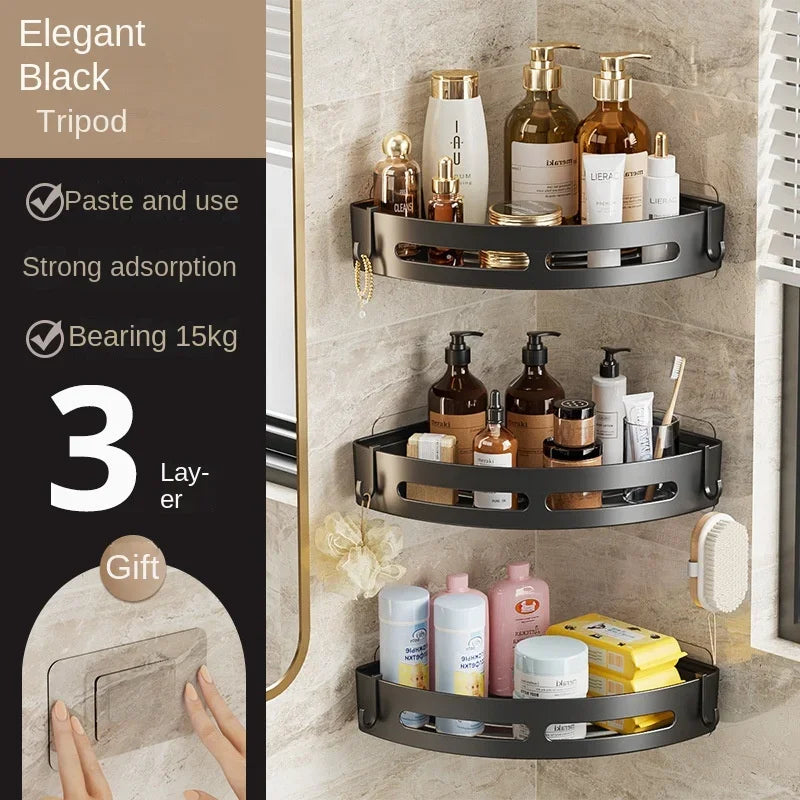 Set of three FanzyMarket adhesive bathroom shelves and shower caddies, no-drill corner towel holders, floating storage organizers.