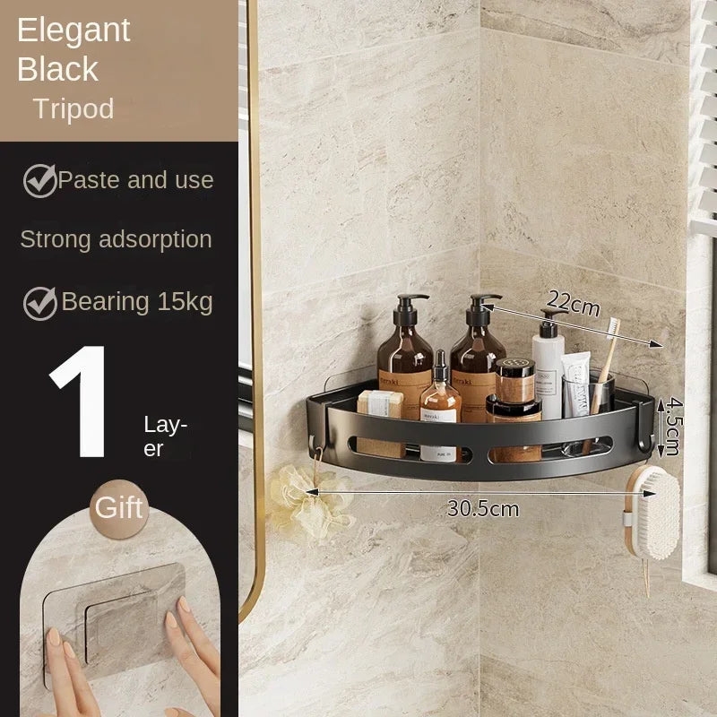 Three FanzyMarket adhesive bathroom shelves and shower caddies, no-drill corner towel holders, floating storage organizers.