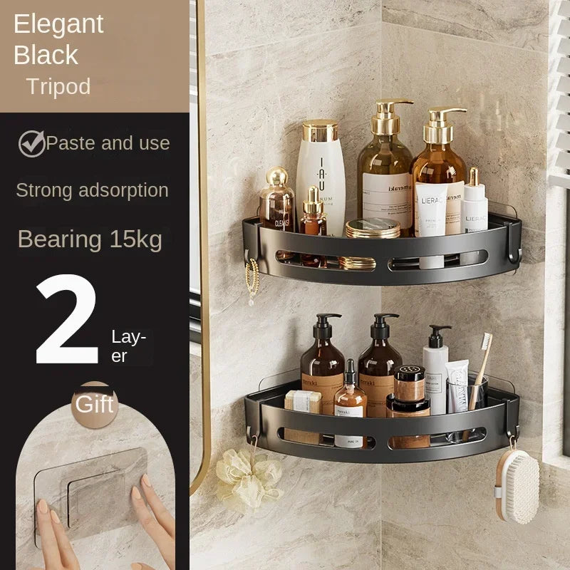 Set of three FanzyMarket adhesive bathroom shelves for shower storage, no-drill corner towel holders, floating organization units