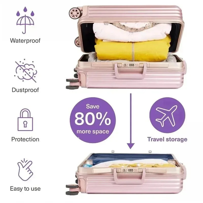 FanzyMarket travel compression vacuum bags for luggage, clothes, and bedding, showcasing reusable roll-up space saver design.