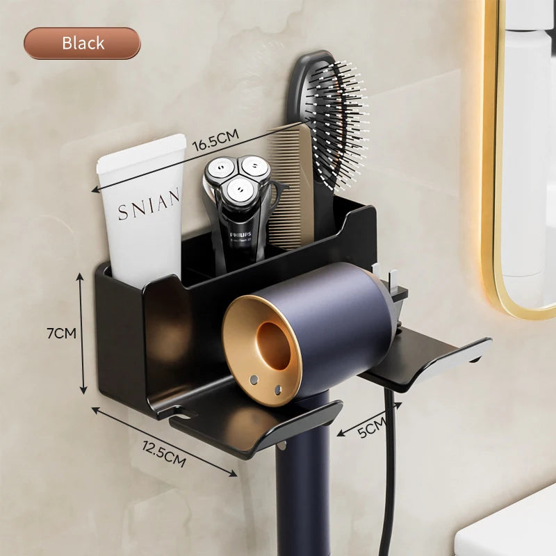 Gray wall-mounted hair dryer holder cradle by FanzyMarket, organized for bathroom storage and easy access to blow dryers.
