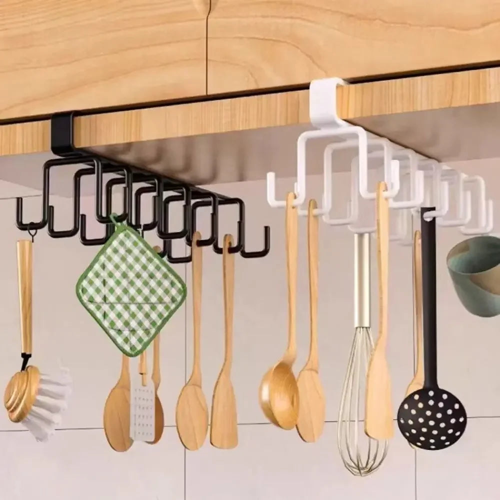 Black 12-hook iron under-cabinet mug rack by FanzyMarket, double-row, punch-free, traceless storage for cups and mugs.