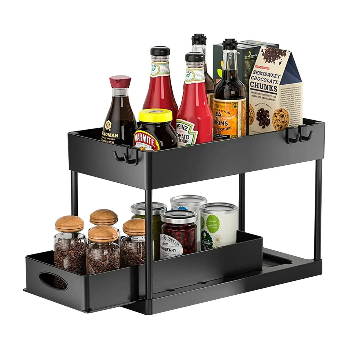 Black 2-tier under-sink sliding cabinet organizer with hooks and hanging cup, ideal for bathroom and kitchen storage.
