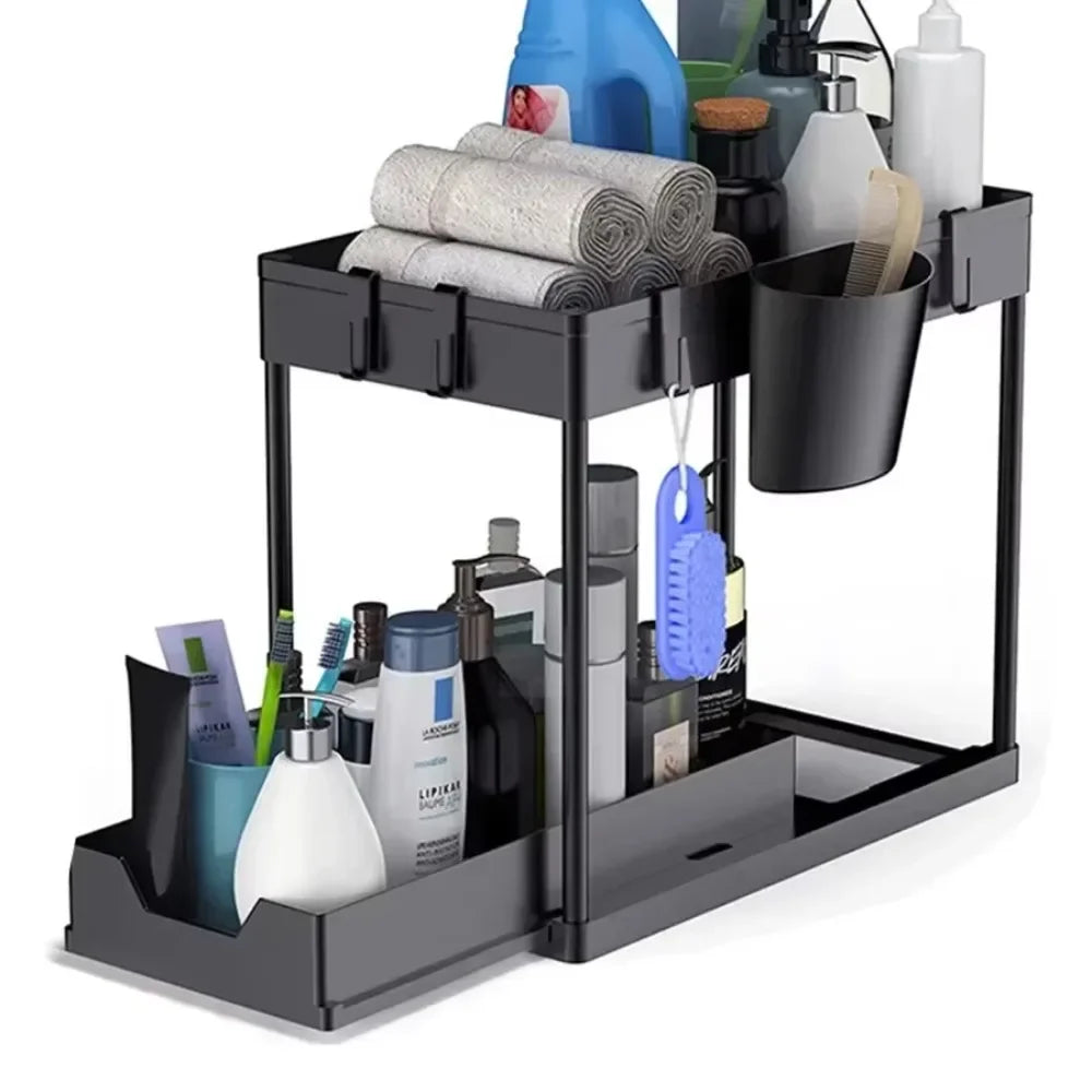 FanzyMarket 2-tier under-sink sliding cabinet organizer with hooks and hanging cup for bathroom and kitchen storage.