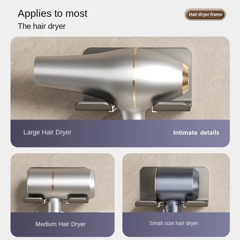 FanzyMarket black aluminum wall-mounted hair dryer and straightener holder, bathroom organizer shelf with no-drill design.