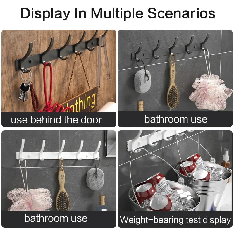 FanzyMarket 6-Peg Folding Wall Hooks in black and white, aluminum nail-mount towel and coat rack for home organization.
