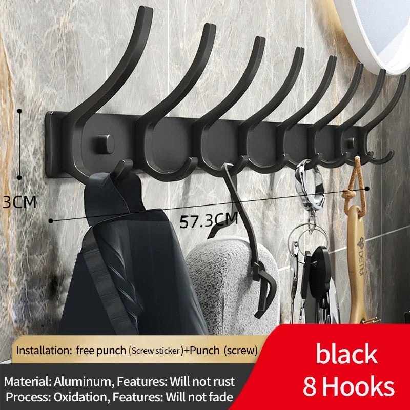 Black and white 6-peg folding wall hooks with aluminum nail-mount for towels and coats, ideal for home and garden storage.