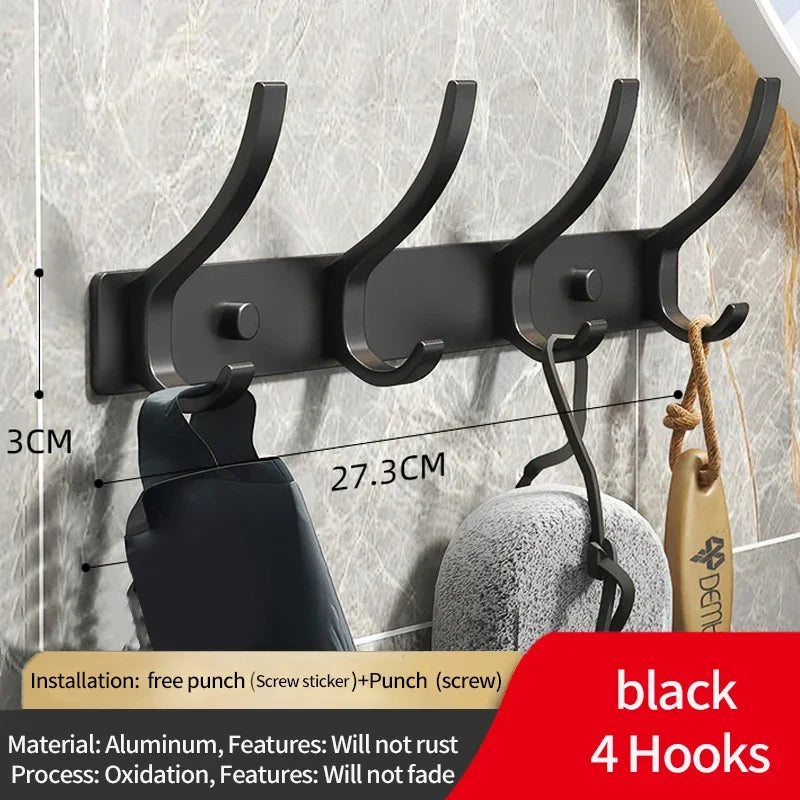 FanzyMarket 6-Peg Folding Wall Hooks in black and white, aluminum nail-mount towel and coat rack with four hooks for home organization.