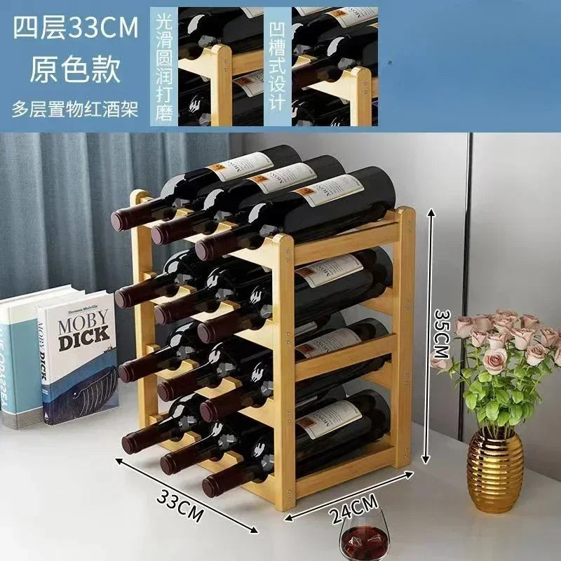 Red bamboo tabletop wine rack by FanzyMarket, 4-layer grid design for stylish wine bottle storage and display.