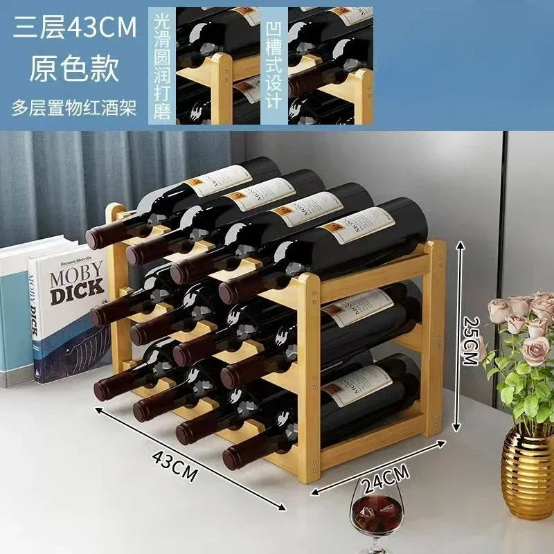 Red bamboo tabletop wine rack with four layers, grid design, ideal for organizing and displaying wine bottles at home.