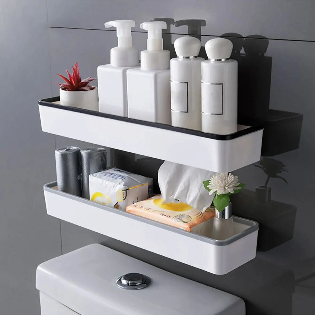 White over-toilet wall shelf organizer by FanzyMarket, adhesive no-drill corner bathroom storage rack for bathroom organization.