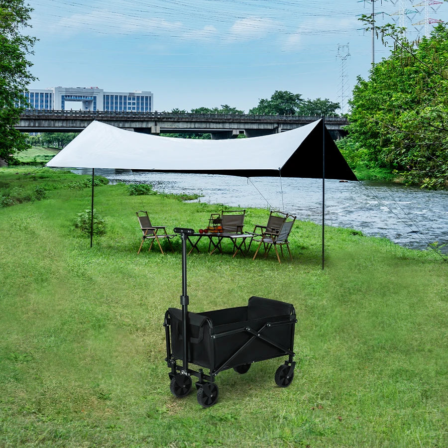 Black heavy-duty foldable utility cart with four wheels, ideal for camping, beach trips, and shopping, by FanzyMarket.