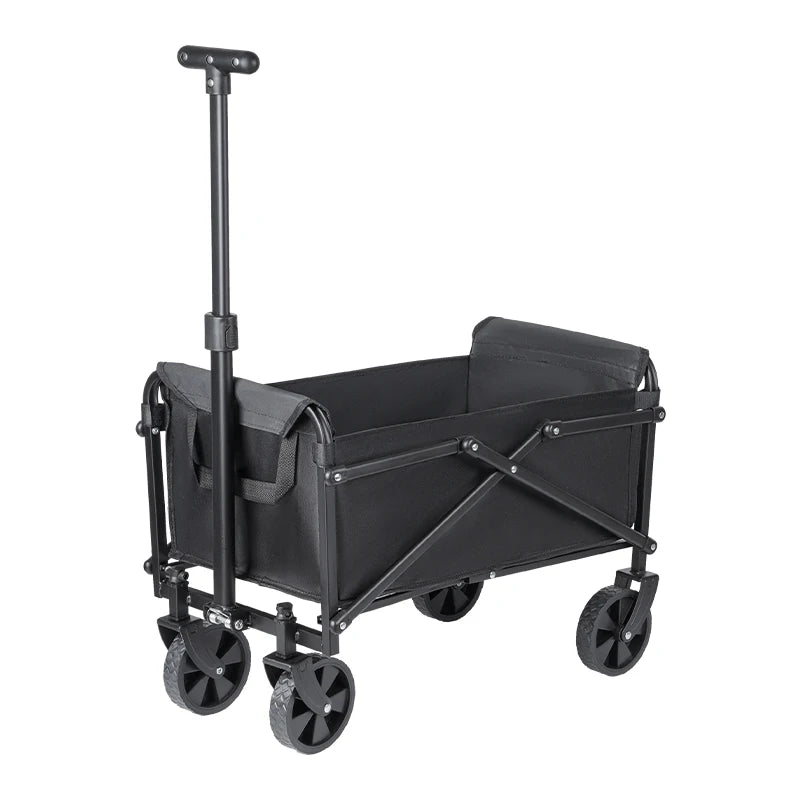 Black heavy-duty foldable utility cart with four wheels, designed for camping, beach trips, and shopping, by FanzyMarket.