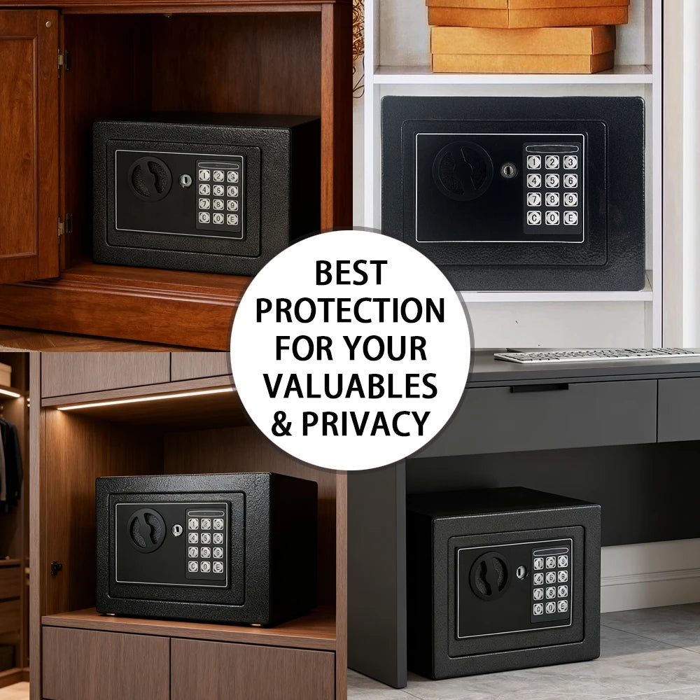 FanzyMarket fireproof home safe with digital keypad, sensor light, and adjustable shelf for secure cash and document storage.