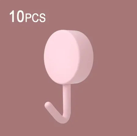 FanzyMarket 10-pack self-adhesive wall hooks in various colors, strong plastic coat towel hangers for bathroom and kitchen doors.