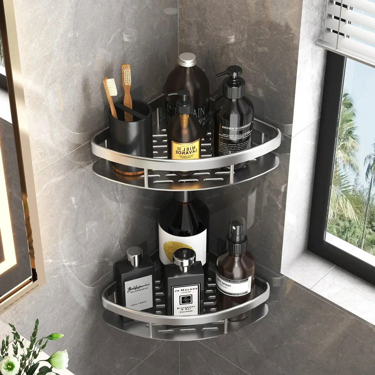 FanzyMarket No-Drill Aluminum Alloy Bathroom Shower Shelf and Kitchen Organizer with black and gold finish, wall-mounted for storage.