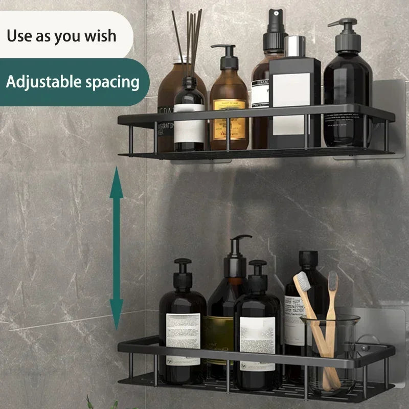 FanzyMarket no-drill aluminum alloy bathroom shower shelf and kitchen organizer wall-mounted shampoo rack with black and gold finish.