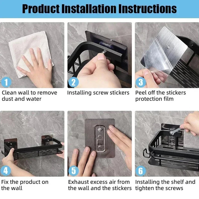 FanzyMarket no-drill aluminum alloy bathroom shower shelf and kitchen organizer wall-mounted shampoo rack with black and gold finish.