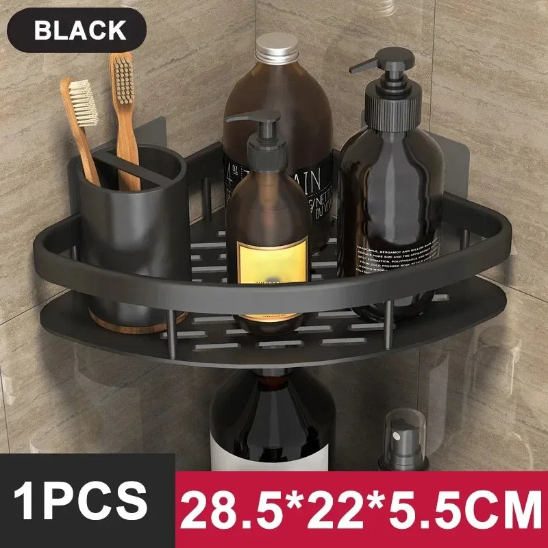 FanzyMarket no-drill aluminum alloy bathroom shower shelf and kitchen organizer with black and gold finish, wall-mounted storage solution.