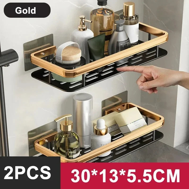 FanzyMarket no-drill aluminum alloy bathroom shower shelf and kitchen organizer, wall-mounted shampoo rack in black and gold.