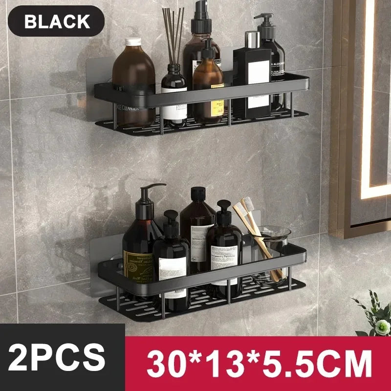 FanzyMarket no-drill aluminum alloy bathroom shower shelf and kitchen organizer, wall-mounted shampoo rack with black and gold finish.