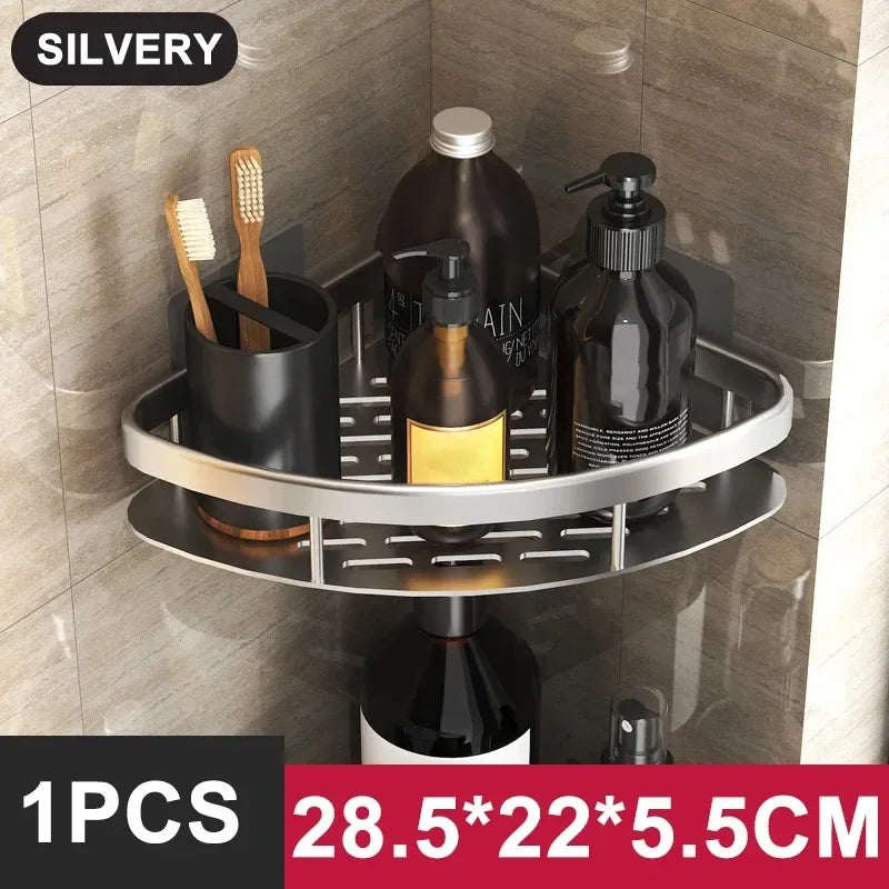 FanzyMarket no-drill aluminum alloy bathroom shower shelf and kitchen organizer, wall-mounted shampoo rack with black and gold finish