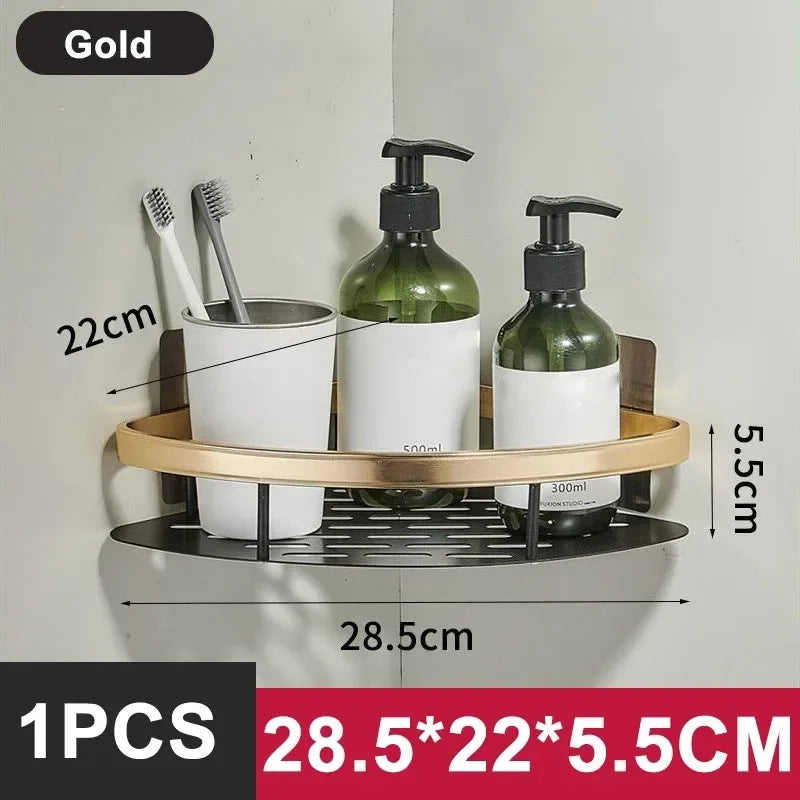 FanzyMarket no-drill aluminum alloy bathroom shower shelf and kitchen organizer wall-mounted shampoo rack in black and gold.
