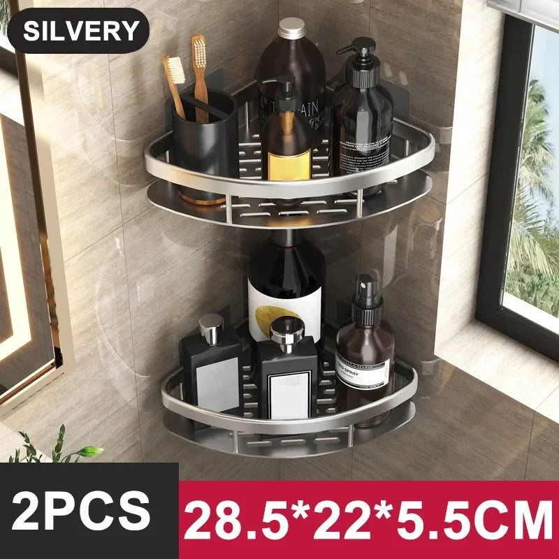 FanzyMarket no-drill aluminum alloy bathroom shower shelf and kitchen organizer wall-mounted shampoo rack in black and gold.