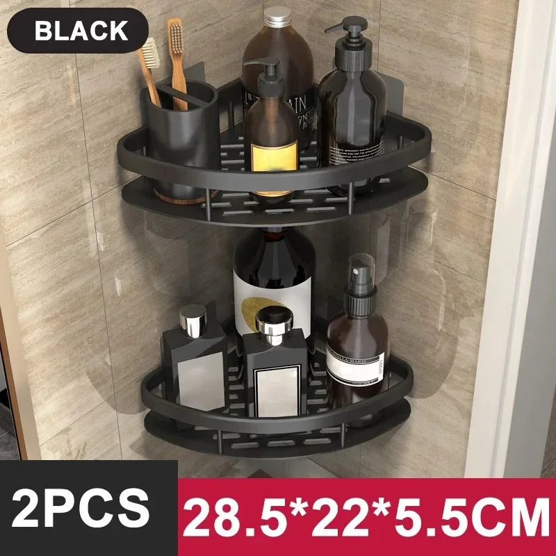 FanzyMarket no-drill aluminum bathroom shower shelf and kitchen organizer wall-mounted shampoo rack in black and gold.