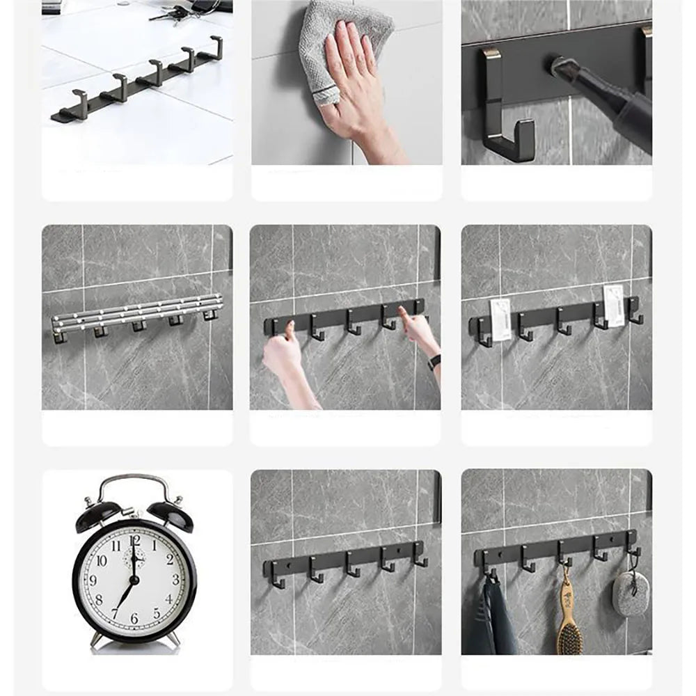 Heavy-duty stainless steel wall-mounted towel and clothes hook with adhesive, no-drill installation, ideal for bathroom and kitchen storage.