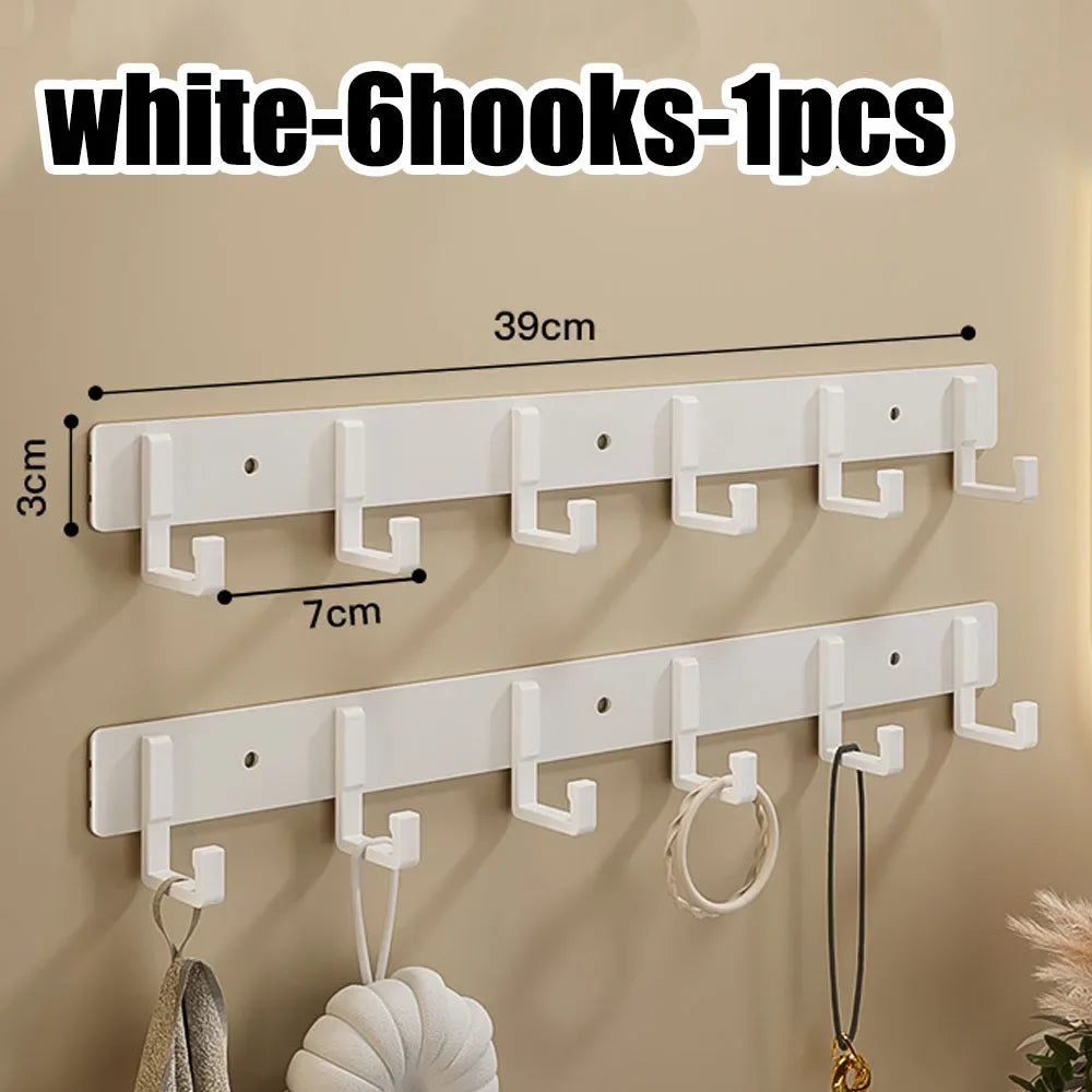 Stainless steel wall-mounted multi-hook with seven hooks, ideal for towels and clothes in bathroom or kitchen, no-drill installation.