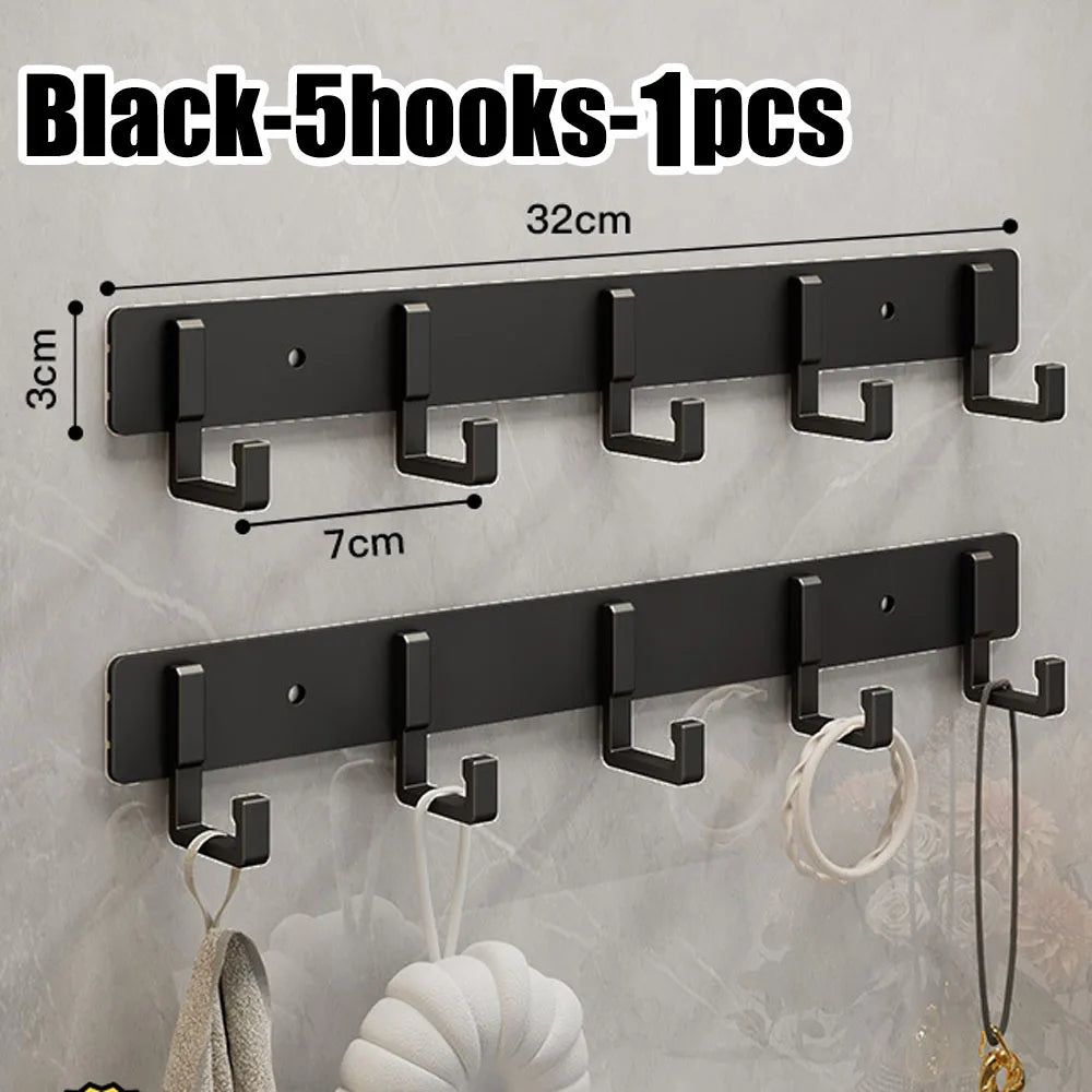 Heavy-duty stainless steel wall-mounted hook with 7 adhesive hooks for towels and clothes in bathroom or kitchen.