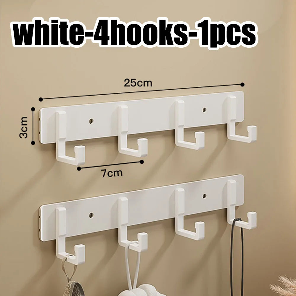 Heavy-duty stainless steel wall-mounted hook with seven no-drill adhesive hooks for towels and clothes in bathroom or kitchen.