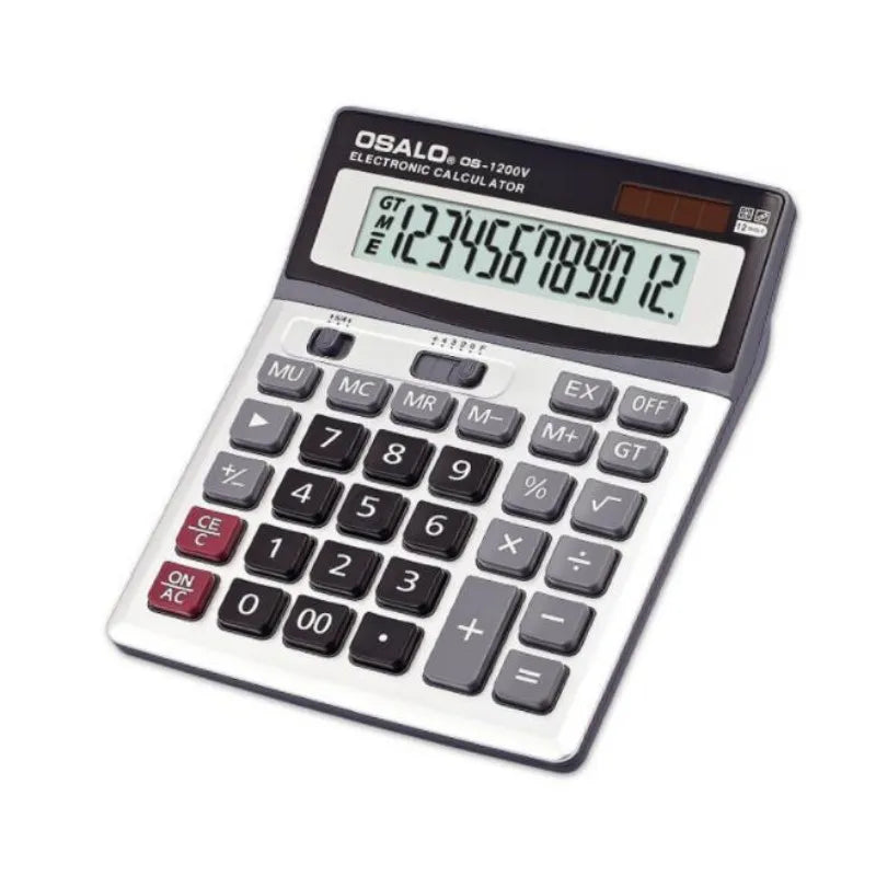 FanzyMarket 12-digit solar and battery ABS calculator for office, students, and financial use, light grey with display and keypad.