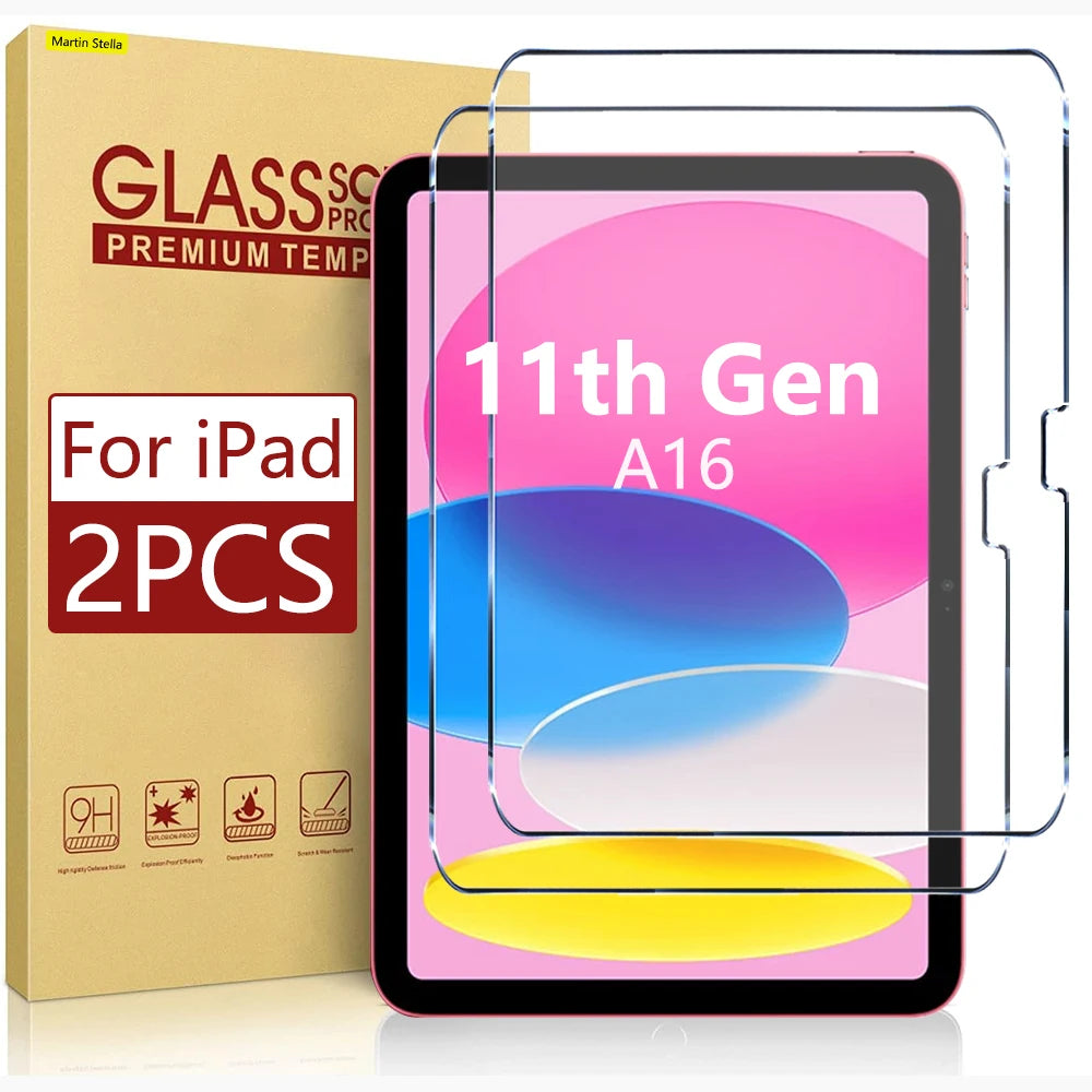 Tempered glass screen protector for iPad, ultra-thin, 9H hardness, designed for scratch resistance and touchscreen clarity.