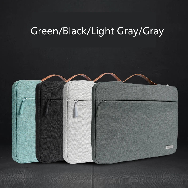 Gray multi-pocket shockproof laptop sleeve with handle for 13-16 inch laptops, featuring multiple compartments for accessories.