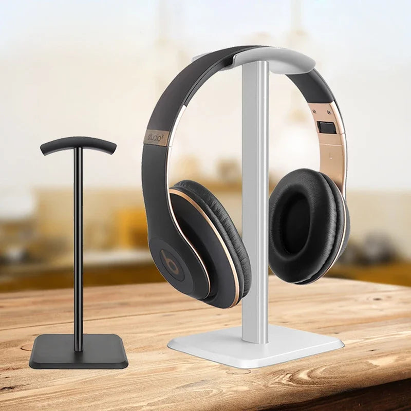 Black and white detachable headphone stand by FanzyMarket, universal desktop headset holder for gaming and office use.