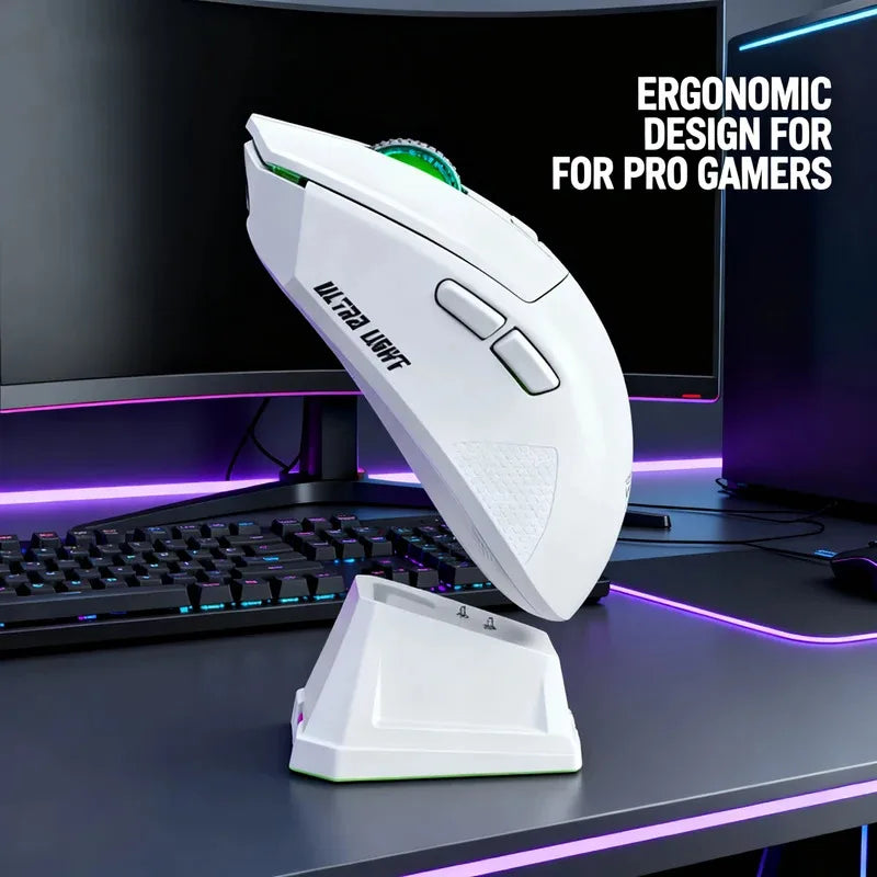 FanzyMarket wireless Bluetooth gaming mouse with touchscreen, magnetic charging dock, and ultra-light design for office and gaming use.