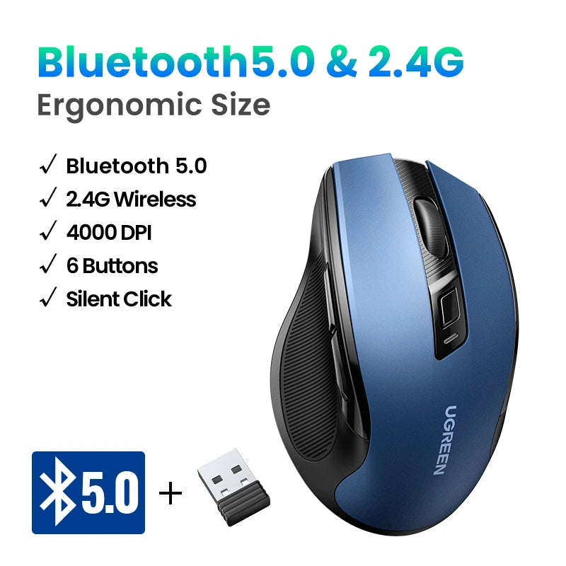FanzyMarket wireless Bluetooth 5.0 ergonomic silent mouse with 6 buttons, 4000 DPI, dual mode for laptop, MacBook, and PC.